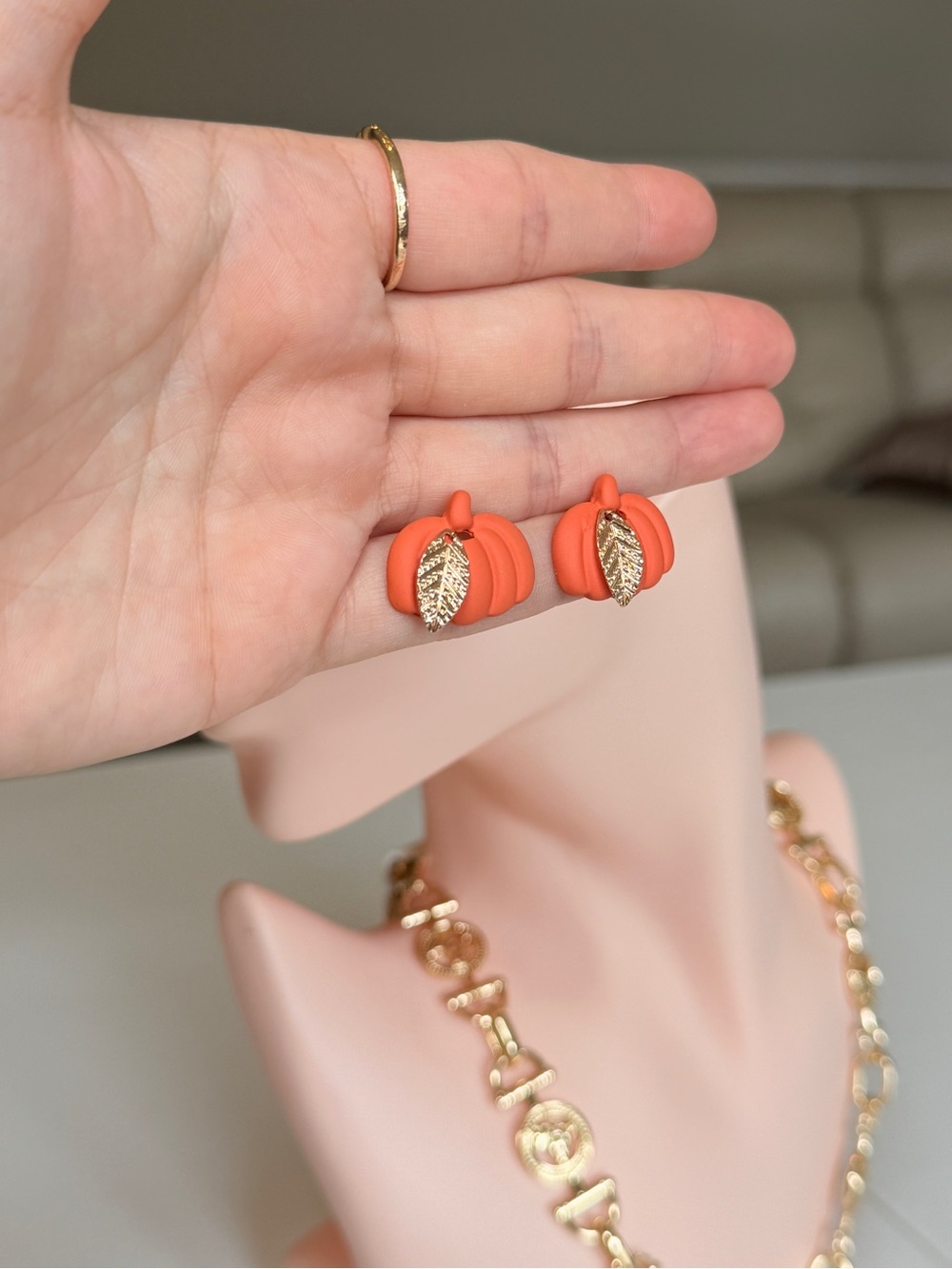 Gold Leaf Accent Orange Pumpkin Stud Earrings - Picture 12 of 12